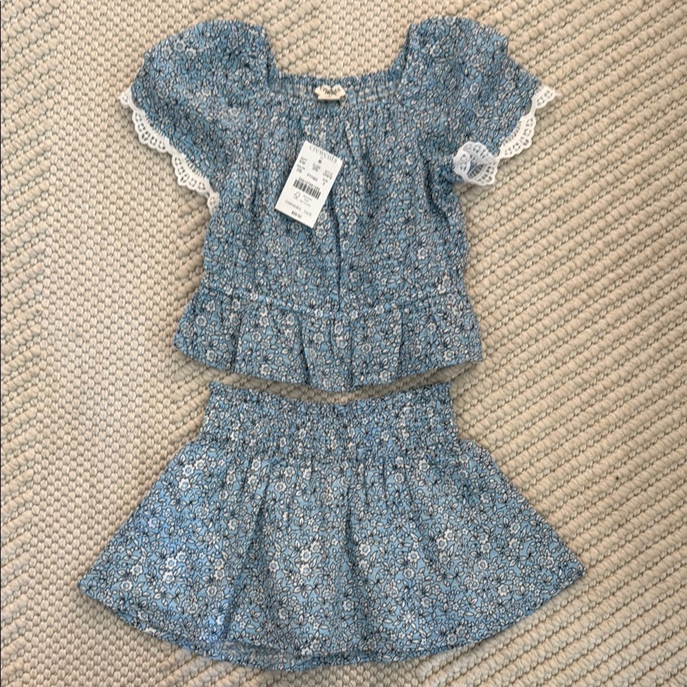Crewcuts Girls Size 3 Blue Floral 2-Piece Set Lace Trim Top Skirt Outfit NWT